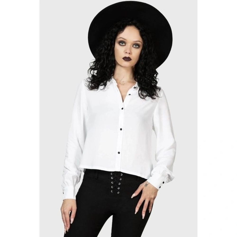 Killstar fright nights‎ button up blouse skull button white colalred